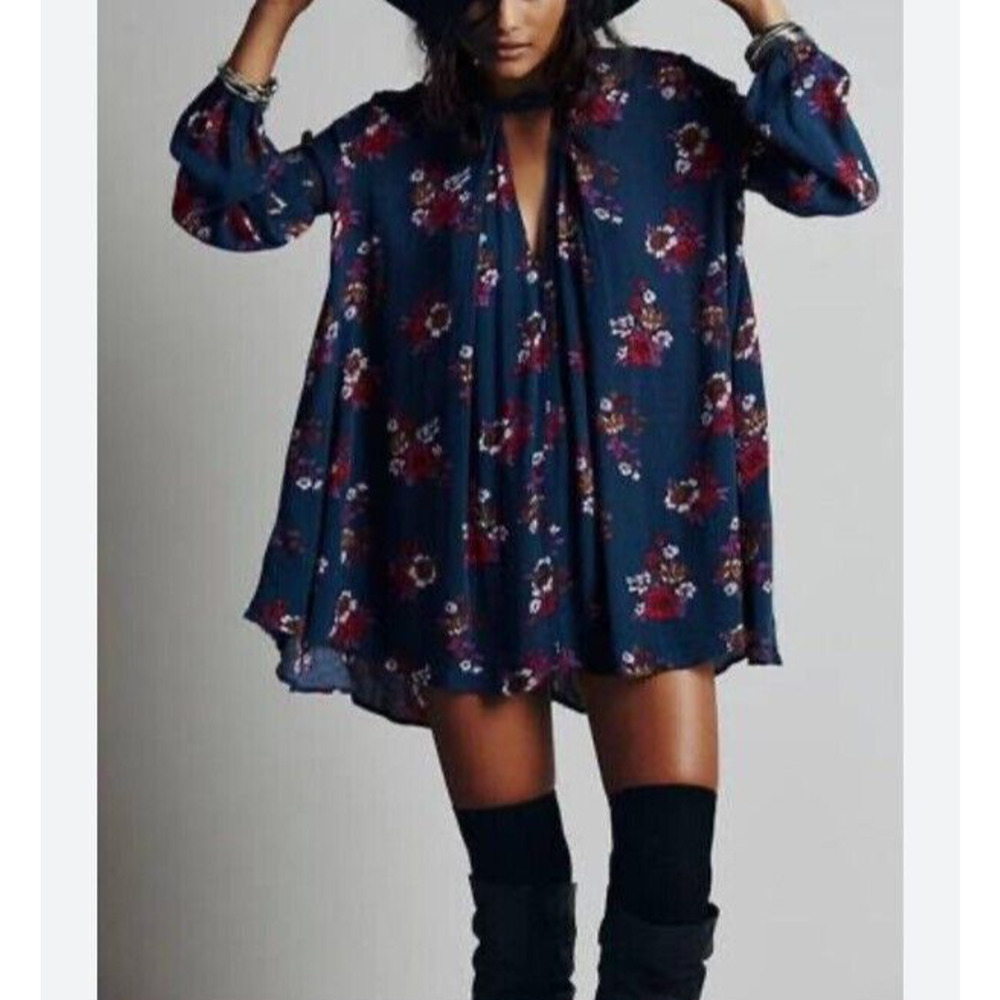 Free People Mini Swing Dress XS Blue Floral Long Balloon Sleeves Tunic Top
